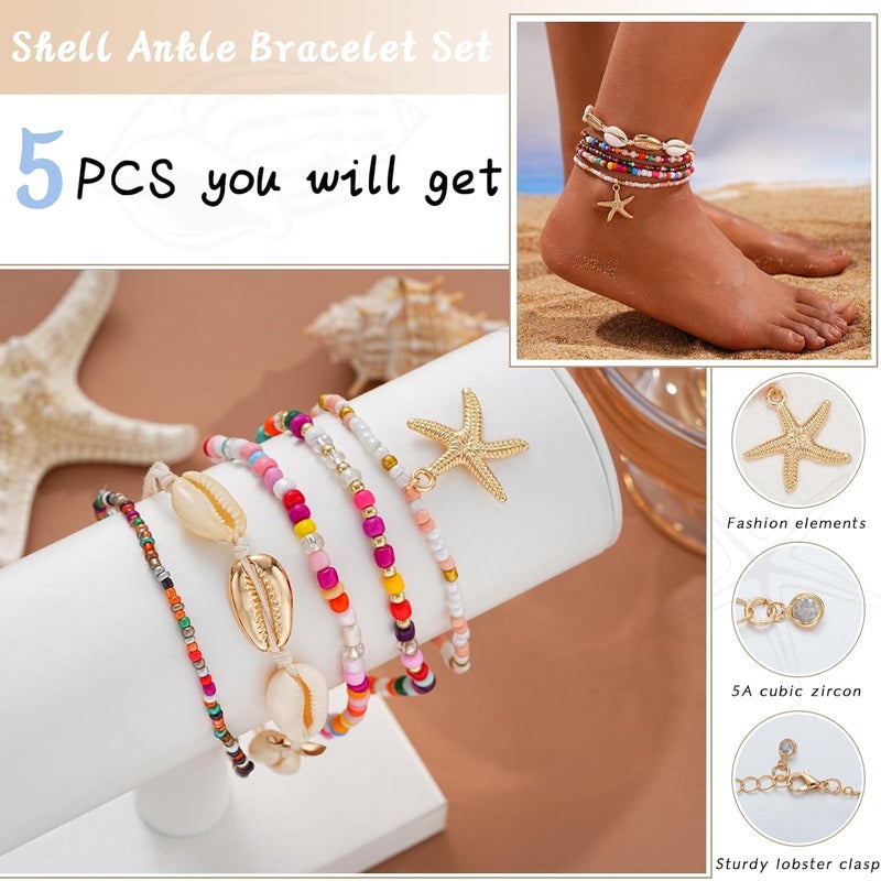 Shall Shell Boho Shell Ankle Bracelet Set for Women, 5 Pairs 14K Boho Bead Handmade Adjustable Anklet, Hawaiian Beach Seashell Starfish Foot Jewelry Gifts - Image 4